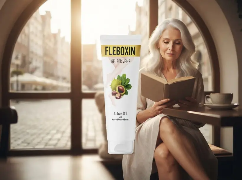 Uśmiechnięta starsza kobieta dbająca o kondycję swoich nóg żelem Fleboxin