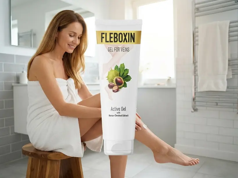 Kobieta dbająca o skórę nóg podczas wieczornej pielęgnacji żelem Fleboxin