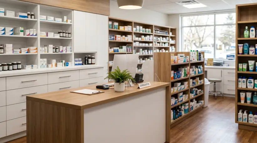 Farmaceutka przy półce z kosmetykami w aptece — żel Fleboxin nie jest dostępny w sieci Gemini
